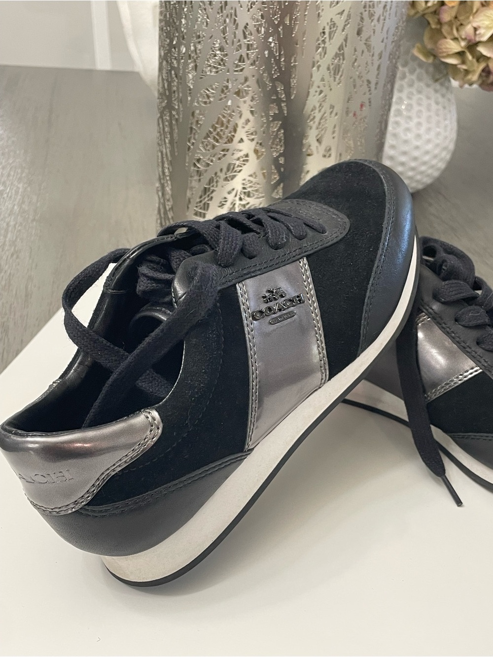 Coach Raylen Sneakers Black Suede Leather Silver Logo Shoes Women's US 5.5B